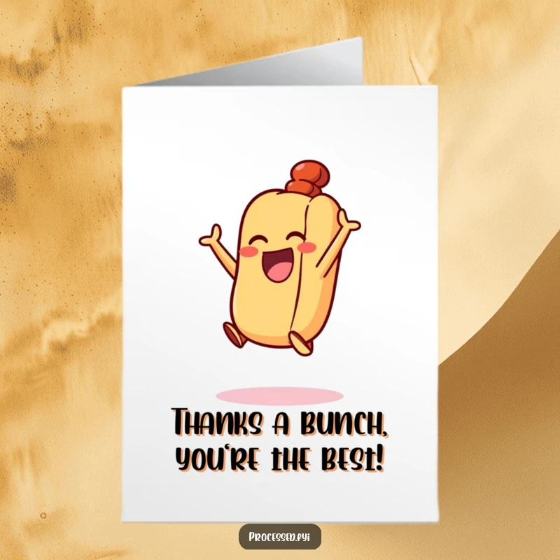 Funny Free Printable Thank You Card: An excited hot dog with its bun, jumping in the air, expressing thanks.