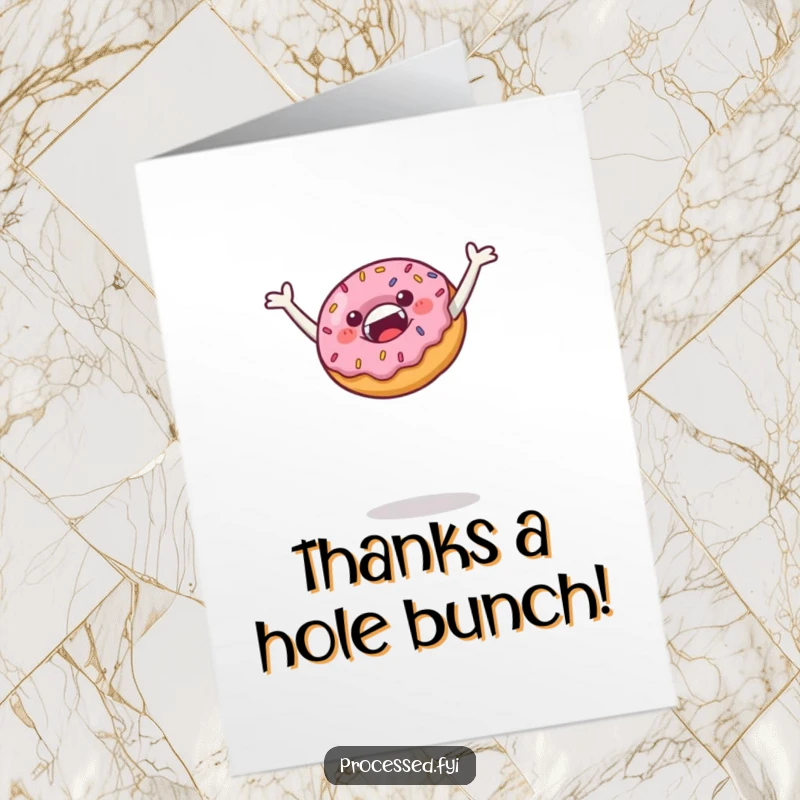 Funny Free Printable Thank You Card: a jubilant donut with colorful sprinkles performing an aerial leap to express heartfelt thanks.