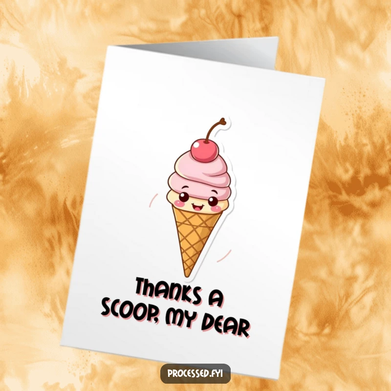 Funny Free Printable Thank You Card depicting a happy ice cream cone with a cherry, spinning around gleefully.