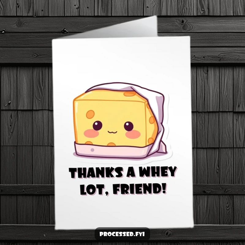 Funny Free Printable Thank You Card: A blushing block of cheese with a shy smile, peeking from its wrapper, saying thanks.