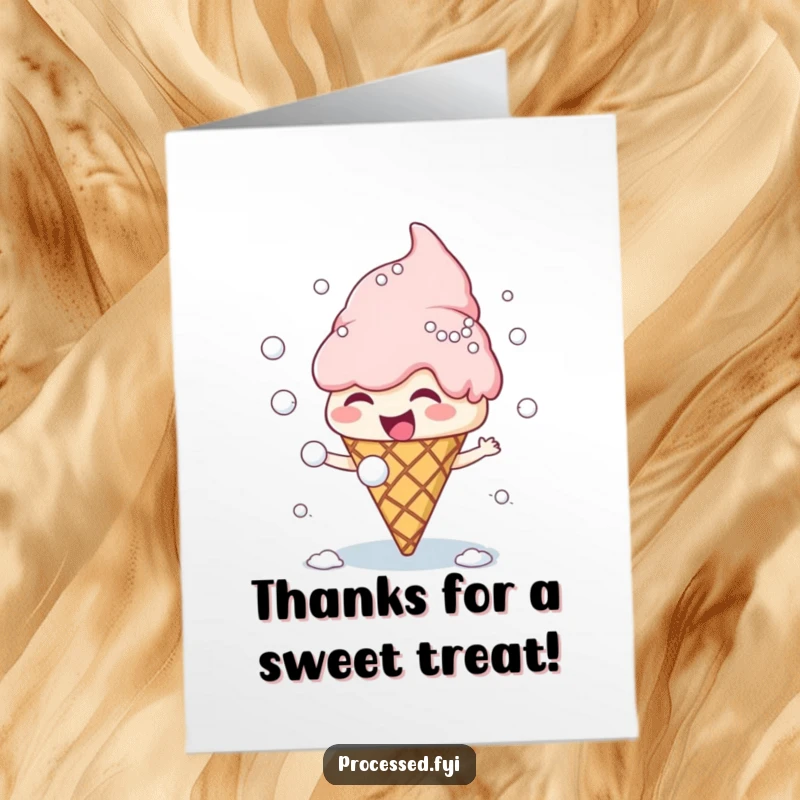 Funny free printable thank you card with a giggling ice cream cone starting a snowball fight, showing appreciation.