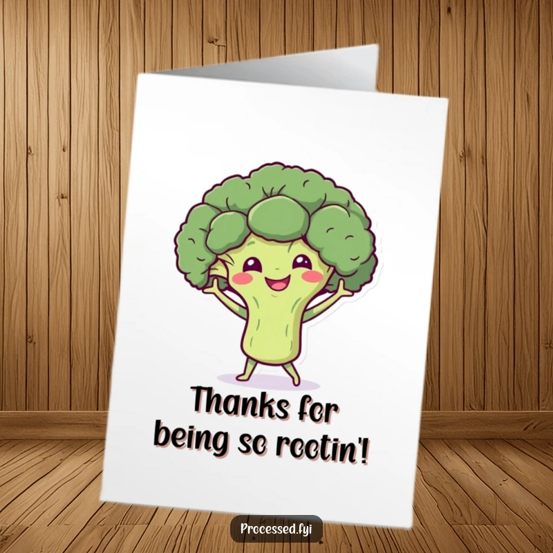 Funny Free Printable Thank You Card: Smiling broccoli character doing a happy dance with tiny arms.
