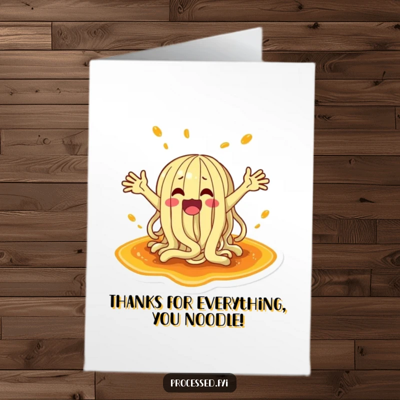 Funny free printable thank you card with a wacky noodle splashing excitedly in sauce.