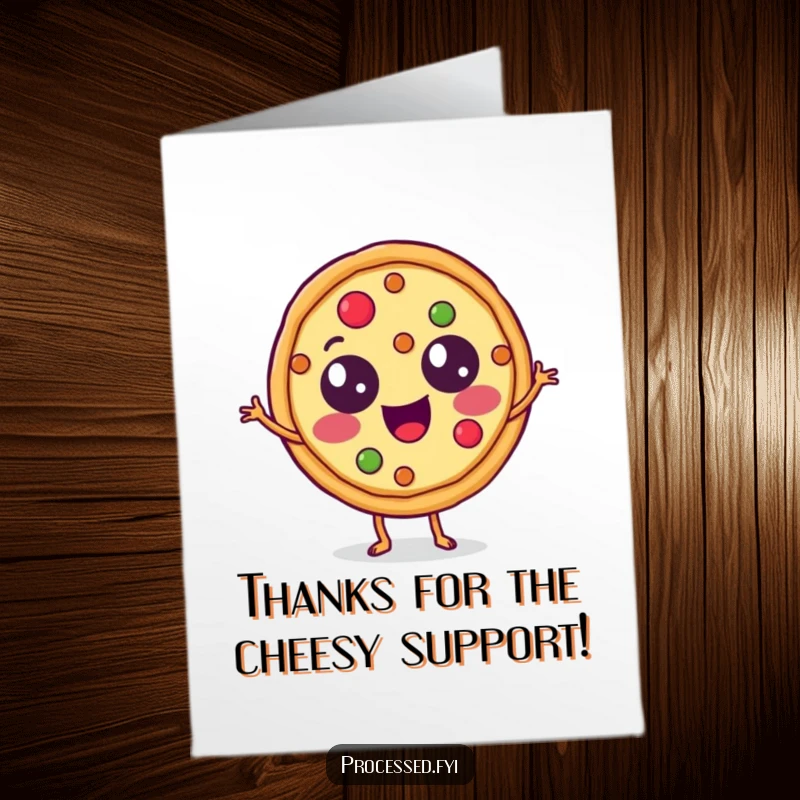 Funny Free Printable Thank You Card: A happy pizza slice with eyes made of toppings doing a little dance of thanks.