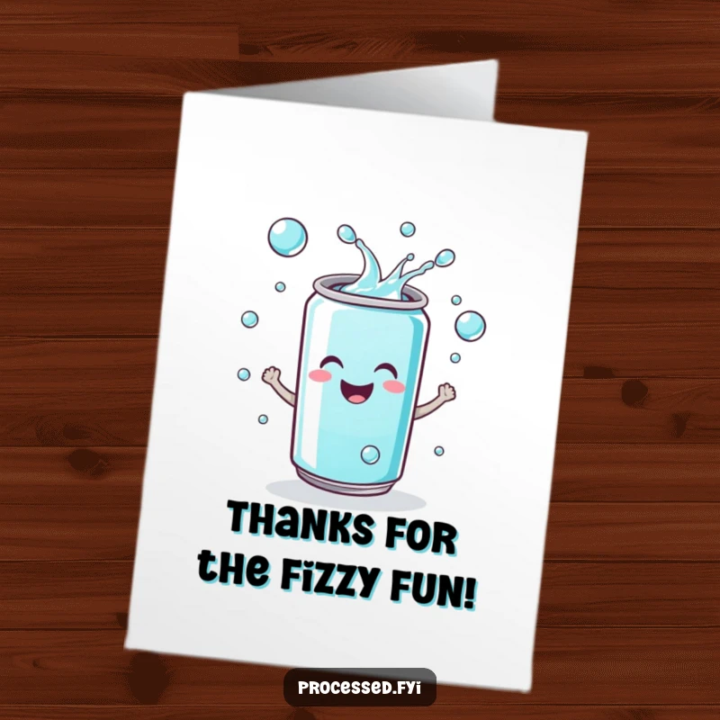 Funny Free Printable Soda Can Thank You Card: Smiley can juggling fizzy drops, expressing appreciation with bubbly charm.