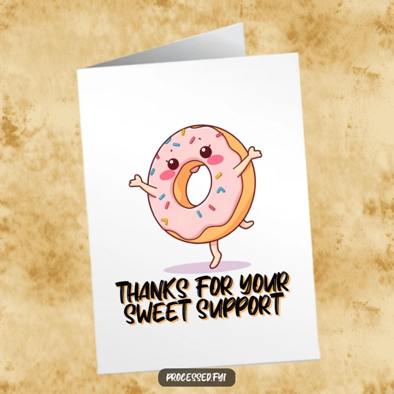 Funny Free Printable Donut Thank You Card: A cheerful donut with sprinkles performing a cartwheel, expressing thanks with energy.
