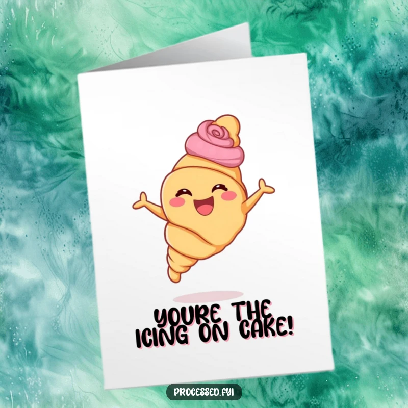 Funny Free Printable Thank You Card: A happy croissant with pastry swirls leaping with joy to express gratitude.