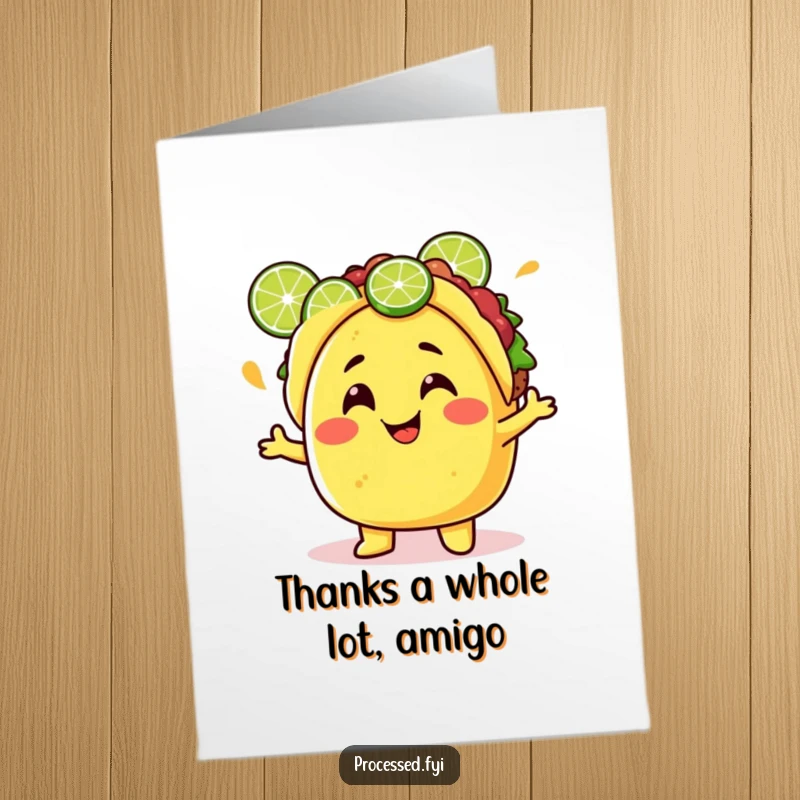 Funny Free Printable Thank You Card: Cheerful taco character juggling lime wedges, expressing gratitude with a grin!
