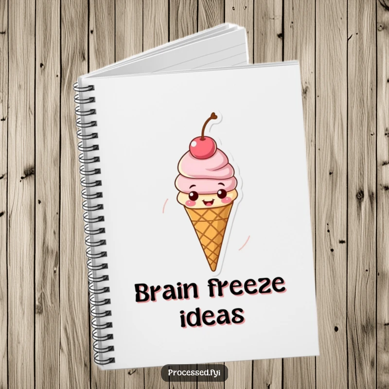 Funny notebook cover featuring a cheerful ice cream cone spinning, symbolizing creative ideas and sweet inspiration.