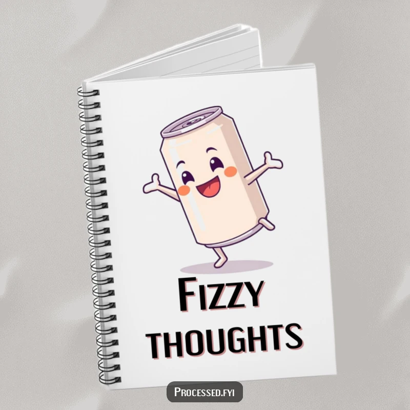 Funny notebook featuring a cheerful anthropomorphic soda can performing a cartwheel, ideal for energetic notes and bubbly ideas.