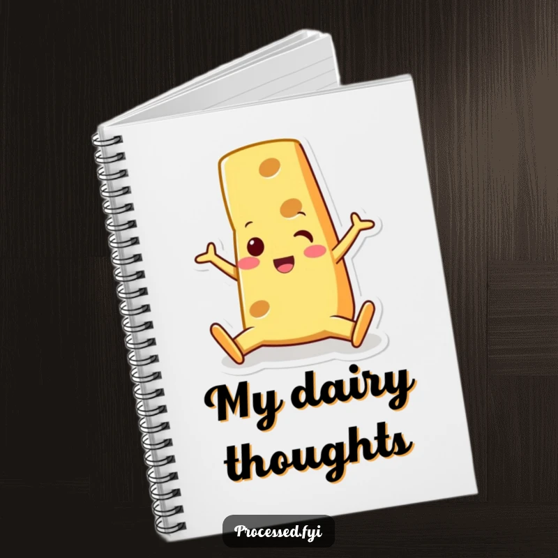 Funny cheese wedge character, doing a split with a surprised grin. A notebook for your flexible thoughts.
