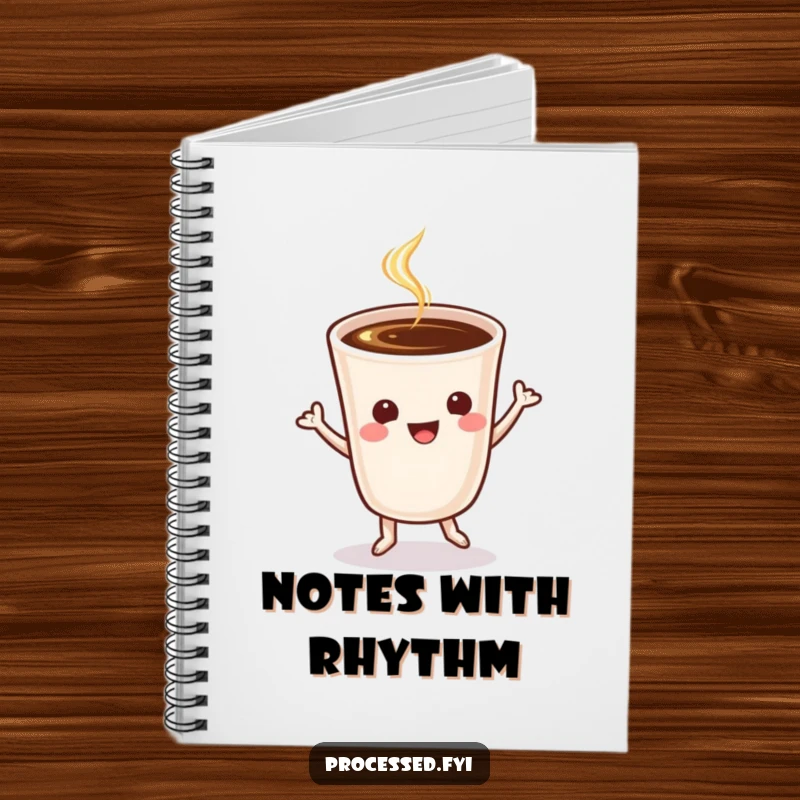Funny cheerful coffee cup doing a spirited jig on the cover of a functional notebook.