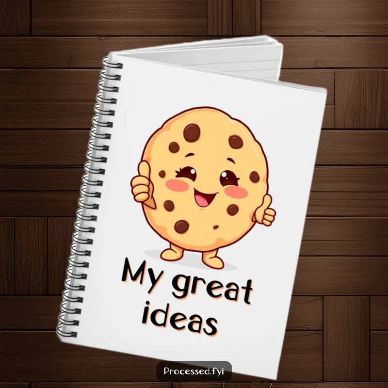 Funny cookie character notebook featuring a cheerful anthropomorphic cookie winking and giving a thumbs-up, perfect for jotting down ideas with humor.