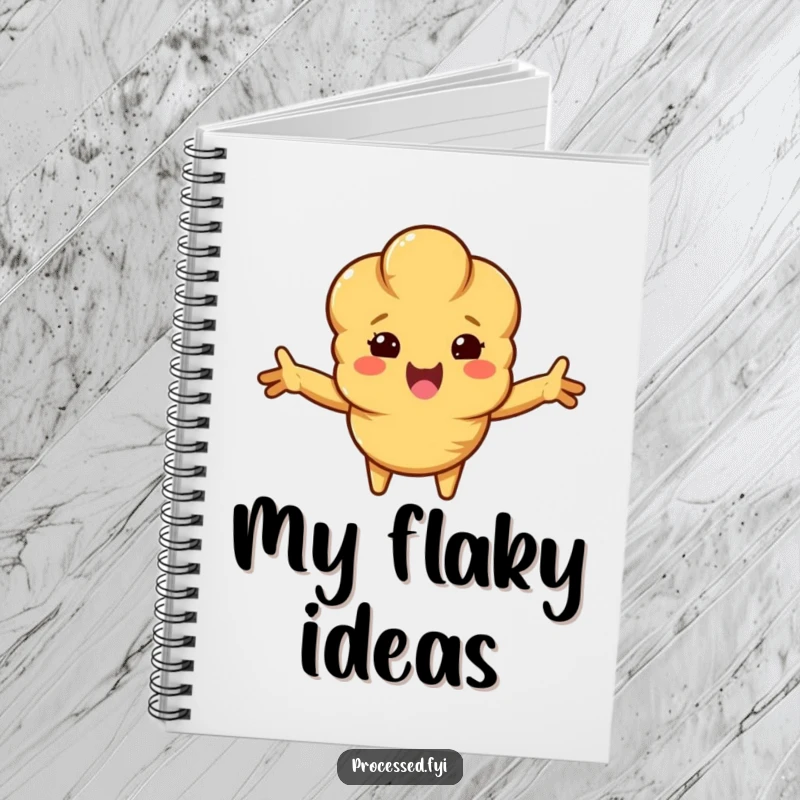 Funny croissant notebook with a beaming, anthropomorphic croissant spreading its arms wide, perfect for jotting down delicious ideas with cartoon charm.