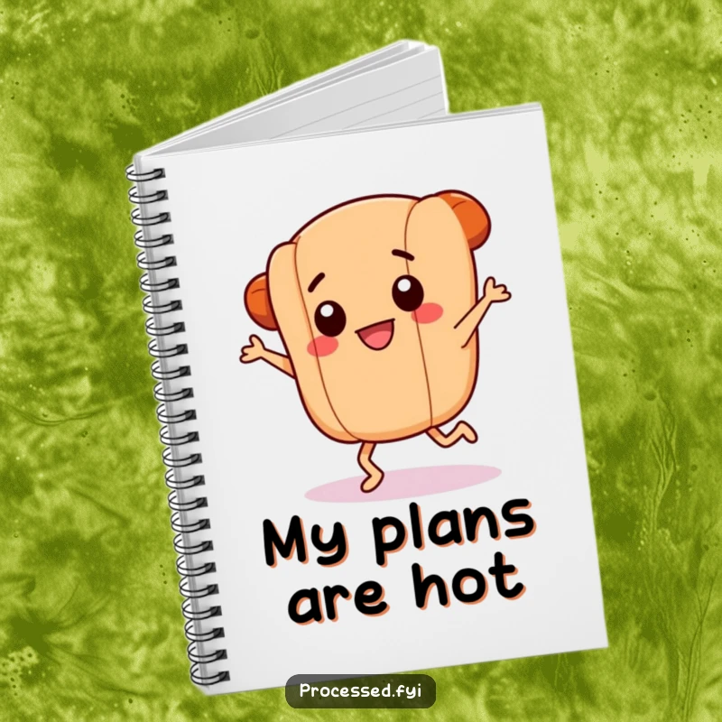 Funny notebook with a smiling hotdog link with tiny legs doing a frantic dance, ideal for jotting down recipe ideas, food thoughts, and creative sparks.
