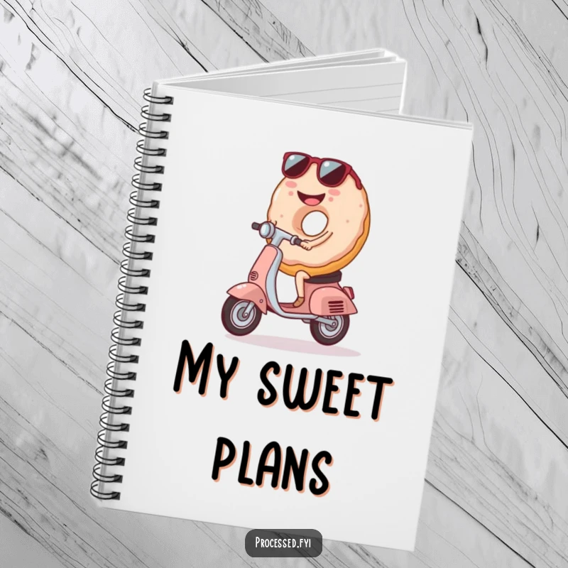 Funny Donut Riding Scooter Notebook, a smiling donut with shades, ideal for jotting down cool ideas and fun thoughts.