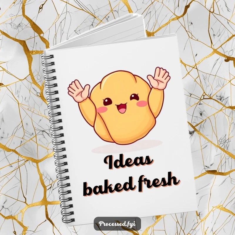 Funny notebook cover featuring a happy, waving croissant, symbolizing creative ideas and delicious inspiration.