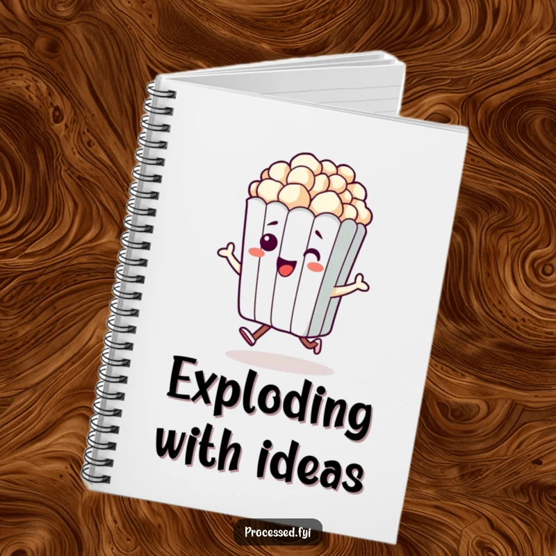 Funny notebook with a cover illustration of a beaming anthropomorphic bag of popcorn doing a little hop. Great for ideas.