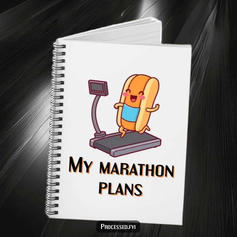 Funny notebook with a hot dog character jogging on a treadmill, ideal for jotting down notes with a humorous touch.