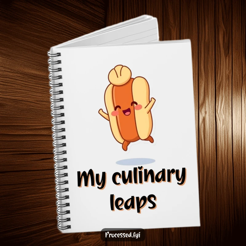 Funny notebook featuring a smiling hot dog leaping with tiny legs and a bun hat, for jotting down joyful thoughts.