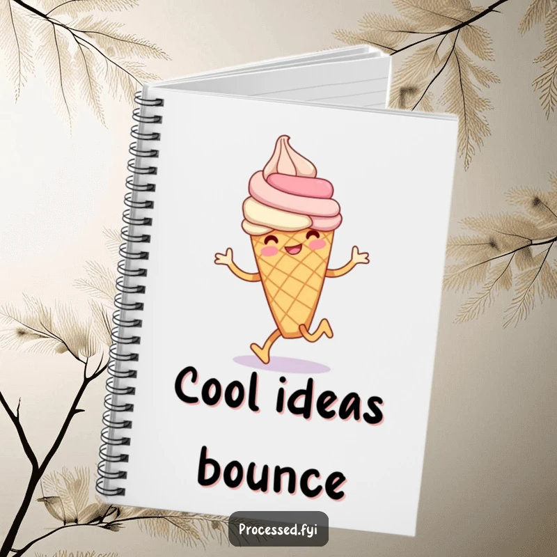 Funny ice cream cone notebook featuring a smiling anthropomorphic ice cream cone doing a playful hop, perfect for writing sweet ideas.