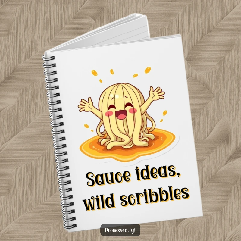 Funny notebook cover featuring a noodle character with arms flailing, splashing energetically in a puddle of sauce, ready for notes.