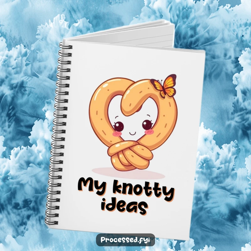 Funny notebook cover with a curious pretzel and a happy knot, looking at a tiny butterfly, providing a whimsical and humorous place for notes.