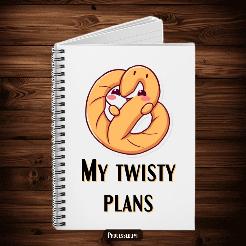 Funny notebook with an anthropomorphic pretzel twisting playfully, ideal for capturing ideas, doodles, and thoughts with personality.