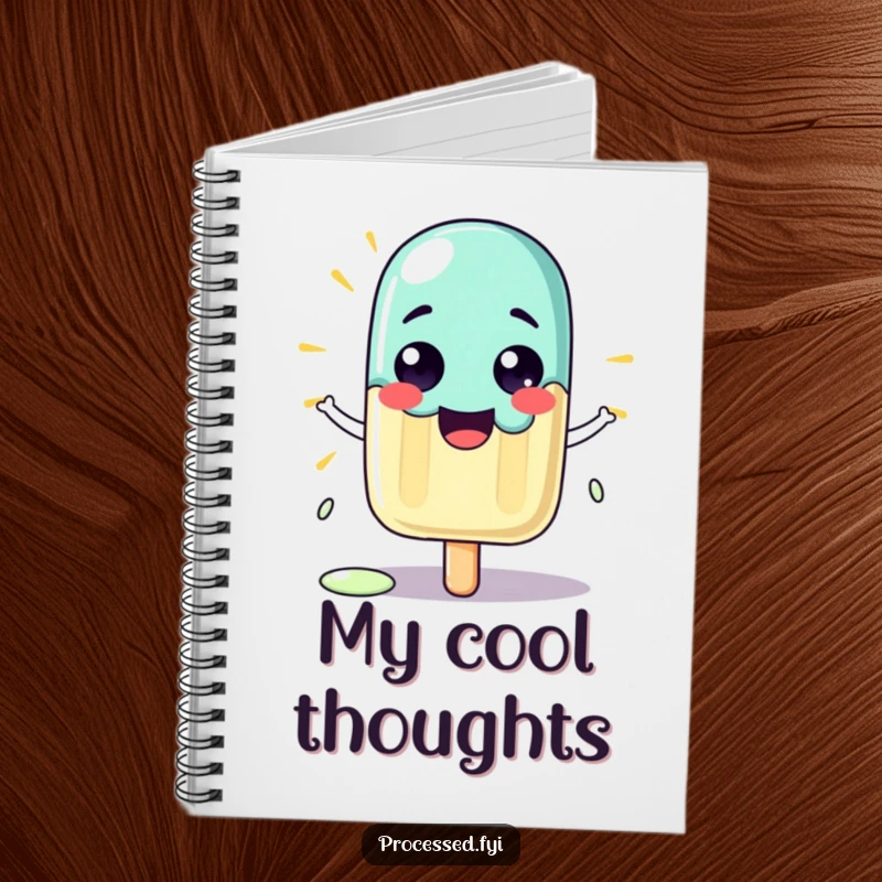 Funny notebook with a proud cartoon popsicle character melting slightly in the sun, ideal for notes.
