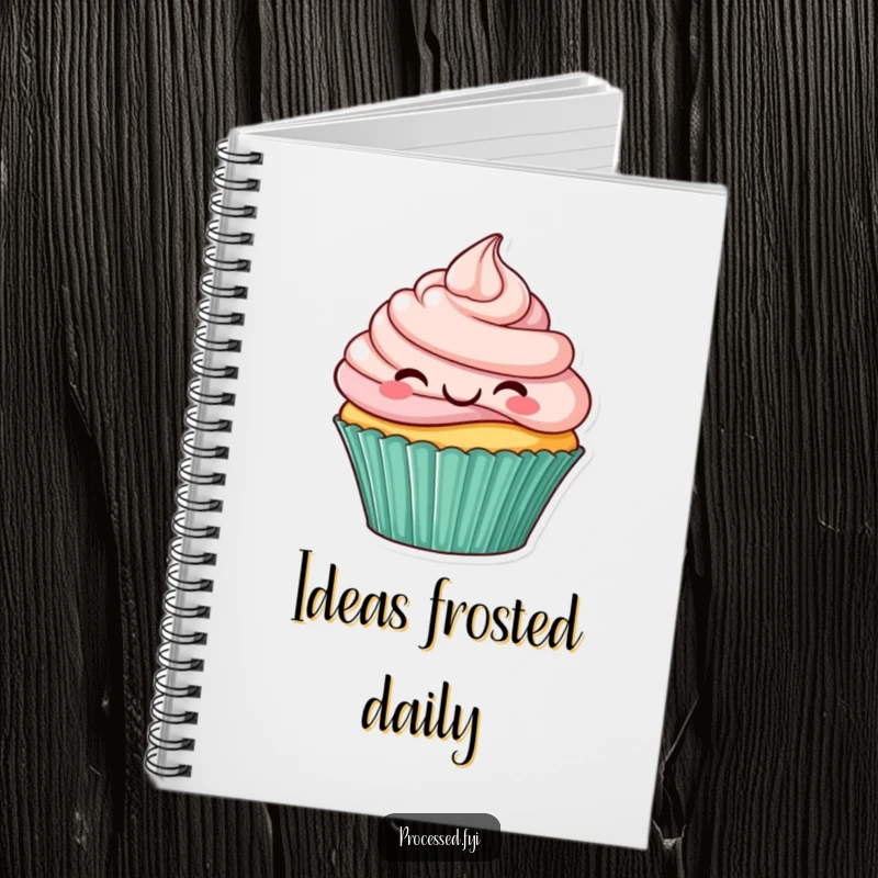 Funny notebook cover featuring a smiling cupcake hopping, symbolizing creative ideas and sweet inspiration.