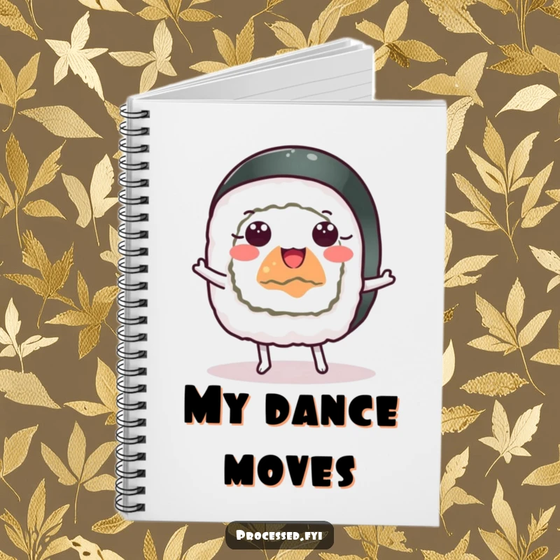 Funny cheerful sushi roll with wide eyes dancing happily, a humorous and practical notebook for writing.