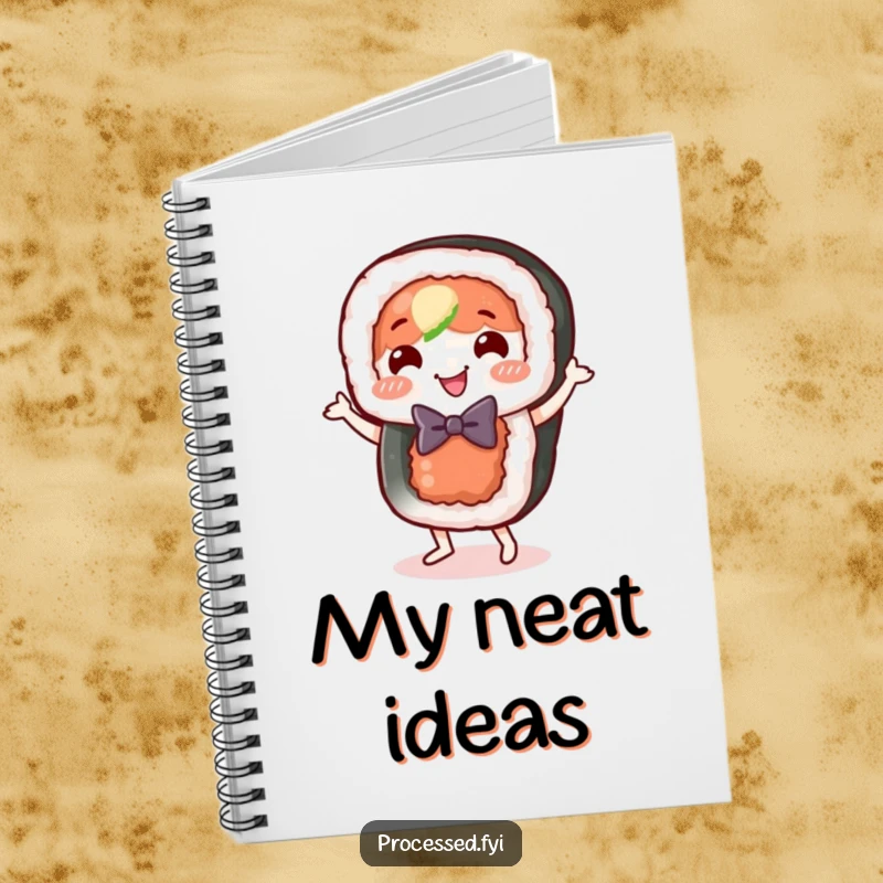 Funny sushi roll notebook, a happy food character in a bow tie, doing a joyful little dance.