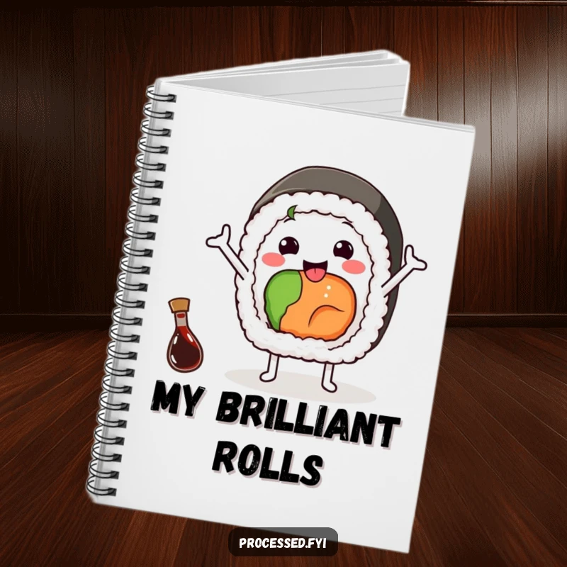 Funny notebook featuring a cheerful sushi roll waving happily with arms, a tiny soy sauce bottle nearby, perfect for writing