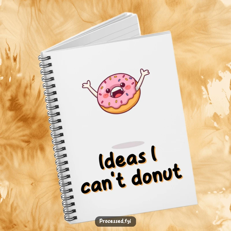 Funny notebook with a jubilant donut with sprinkles leaping high, ideal for jotting down recipe ideas, sweet thoughts, and creative sparks.