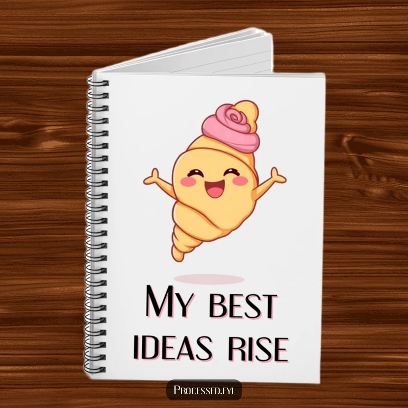 Funny croissant notebook cover with a happy pastry swirling and leaping, encouraging creative and joyful note-taking.