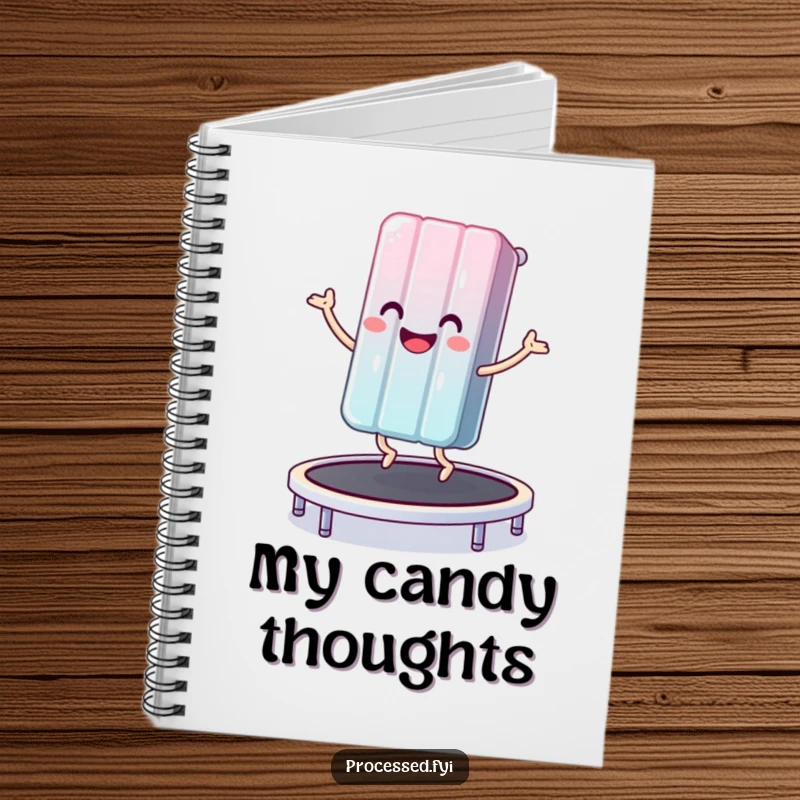 Funny notebook featuring a smiling anthropomorphic candy bar happily bouncing on a trampoline, inspiring playful creativity.