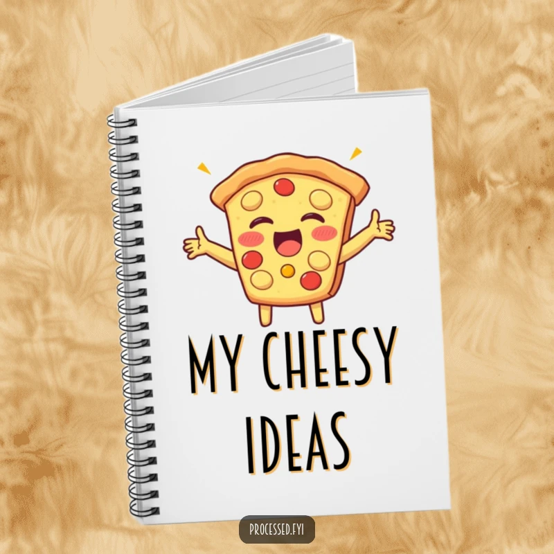 Funny notebook with a beaming slice of pizza with arms outstretched, giggling happily, perfect for jotting down notes and creative ideas.