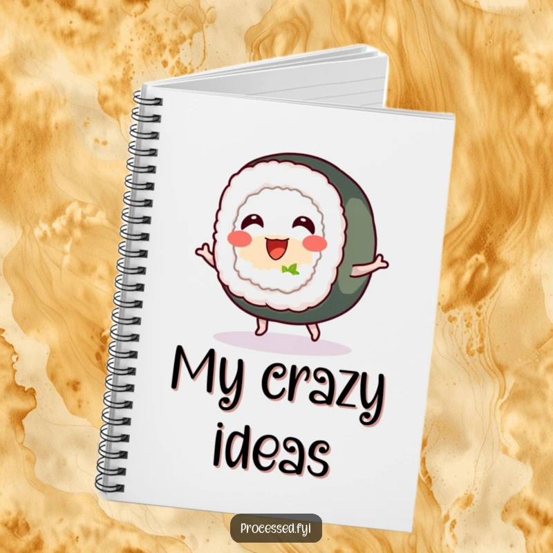 Funny notebook with a cheerful sushi roll with tiny feet, bouncing happily, perfect for jotting down notes and creative ideas.
