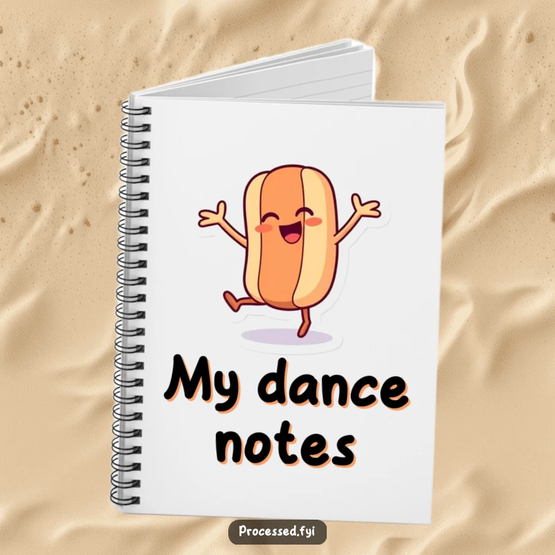 Funny notebook displaying a dancing hot dog character with wiggling legs and arms, ideal for humorous note-taking.