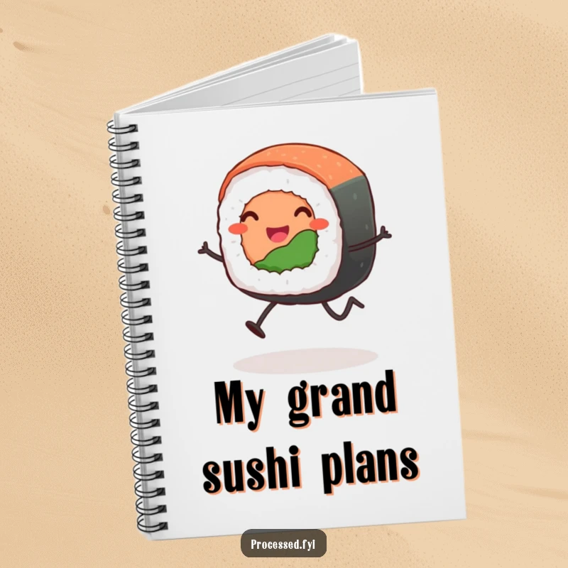 Funny leaping sushi roll notebook with a cheerful, anthropomorphic sushi roll with stick legs leaping across the cover, inspiring fun note-taking.