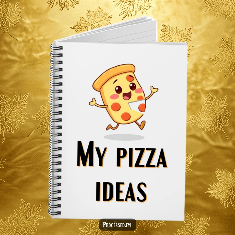 Funny Pizza Notebook showcasing an excited character with a missing piece, ideal for jotting down notes with a cheesy and humorous theme.