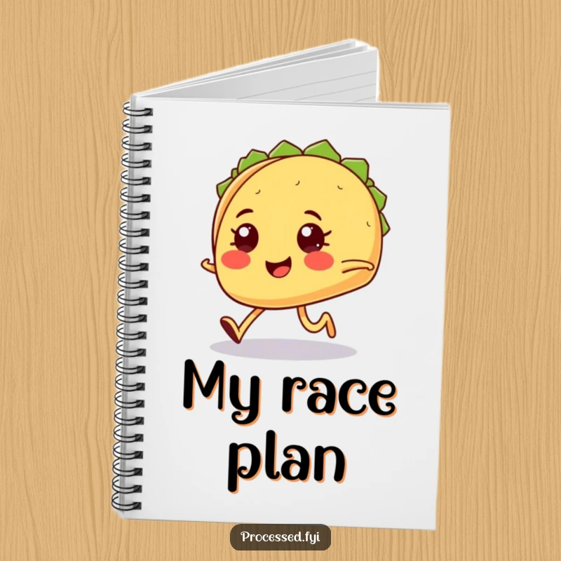 Funny smiling taco with tiny legs jogging determinedly, a humorous and practical notebook for writing.