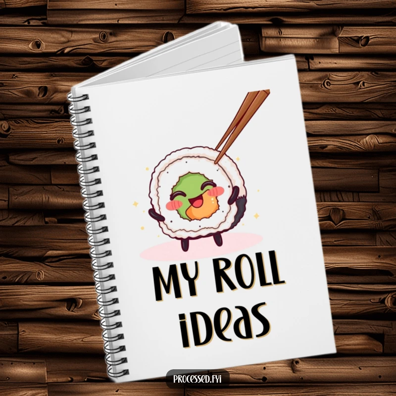 Funny Sushi Roll Notebook showcasing a spinning character, ideal for note-taking with a side of food-themed humor.