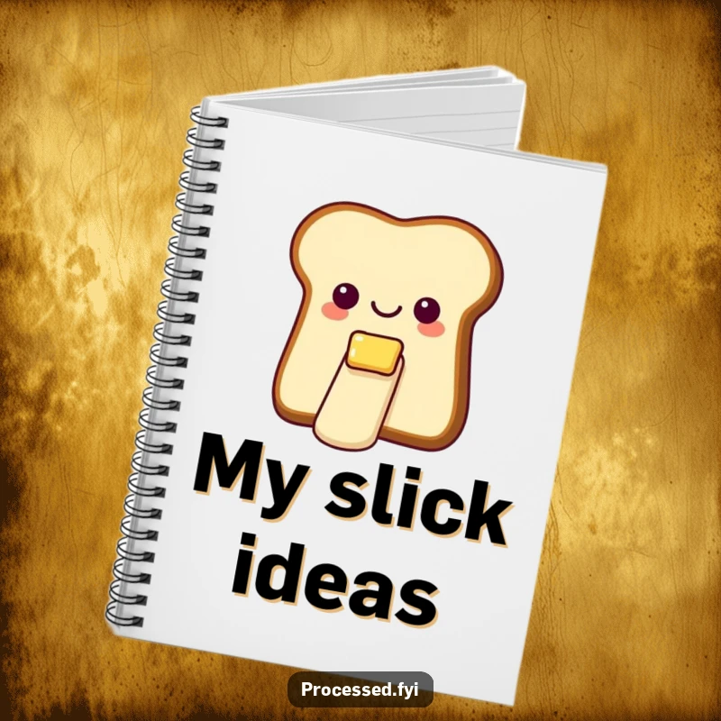 Funny notebook cover with a cheerful bread slice and butter, captured mid-slide down a miniature butter slide.