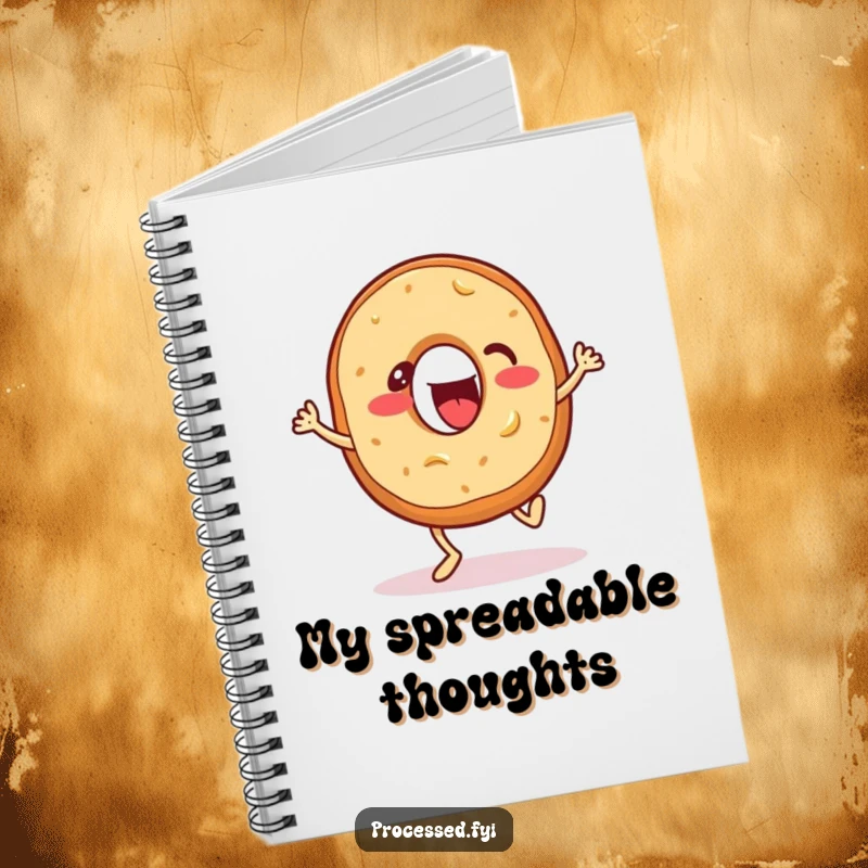 Funny notebook featuring an energetic bagel with cream cheese, enthusiastically tapping its feet, perfect for writing and drawing