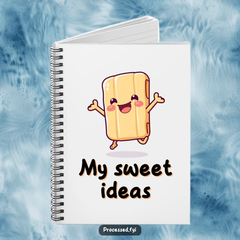 Funny notebook cover with a wiggling candy bar in its wrapper, captured mid-jump with pure, infectious, sweet delight.