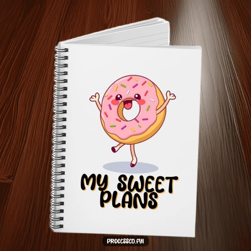 Funny notebook featuring a happy donut with sprinkles doing a pirouette, perfect for writing and drawing