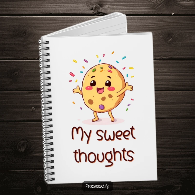 Funny notebook featuring a happy anthropomorphic cookie juggling colorful sprinkles, inspiring creativity and sweet delight.