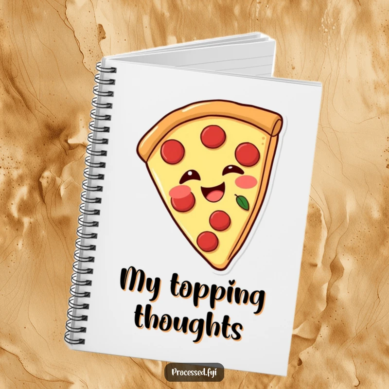 Funny notebook featuring a joyful pizza slice with pepperoni, winking playfully, perfect for writing and drawing