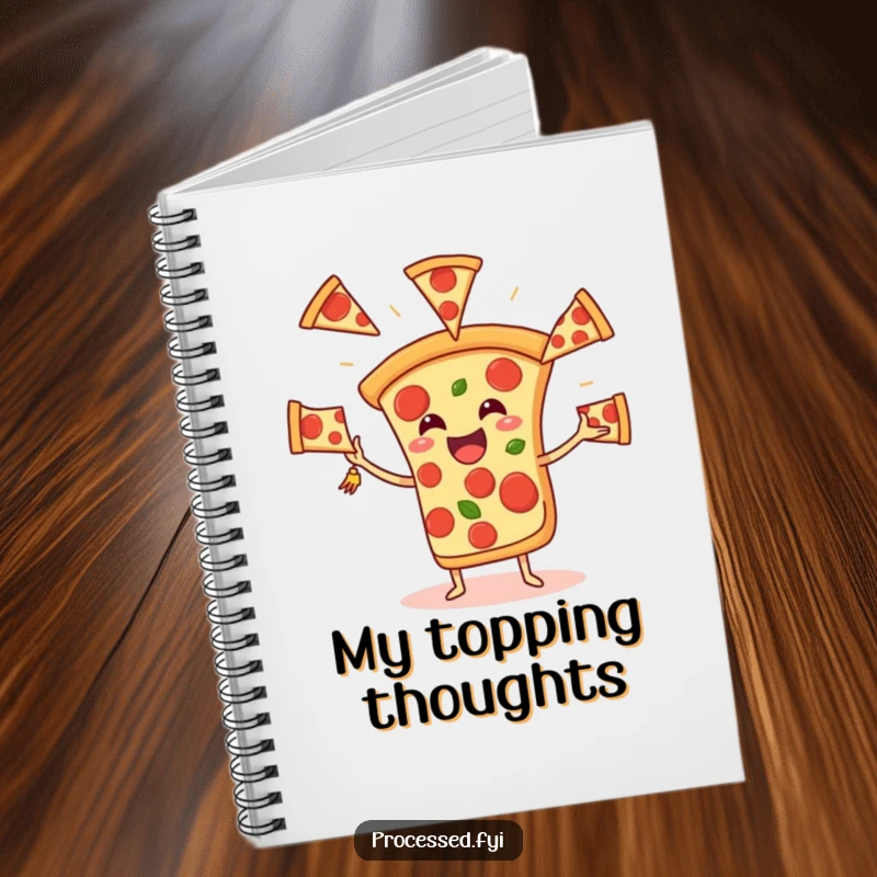 Funny Pizza Juggling Notebook, with a happy slice tossing pepperoni, designed for jotting down tasty ideas and humorous thoughts.